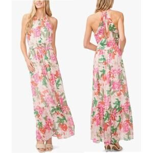 NWT CeCe Floral Print Sleeveless Halter Tiered Maxi Dress Pink Women's 24W Plus
